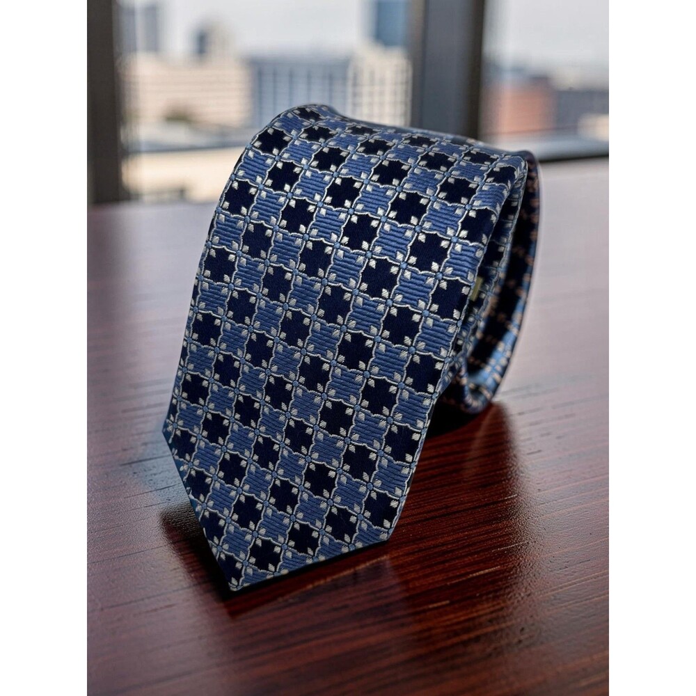 Jos A Bank Heritage Collection Blue‎ Geometric Check Silk Tie 59.75 x 3 Classic